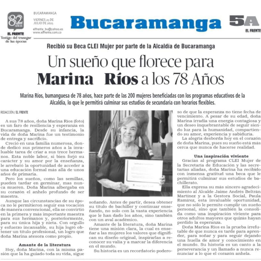 Artículo de El Frente sobre beneficiaria del programa CLEI Mujer a los 78 años